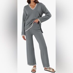 NWT Women’s 2-Piece Gray with White Trim Knit Lounge Sets by CAKULO. Size: (XL).